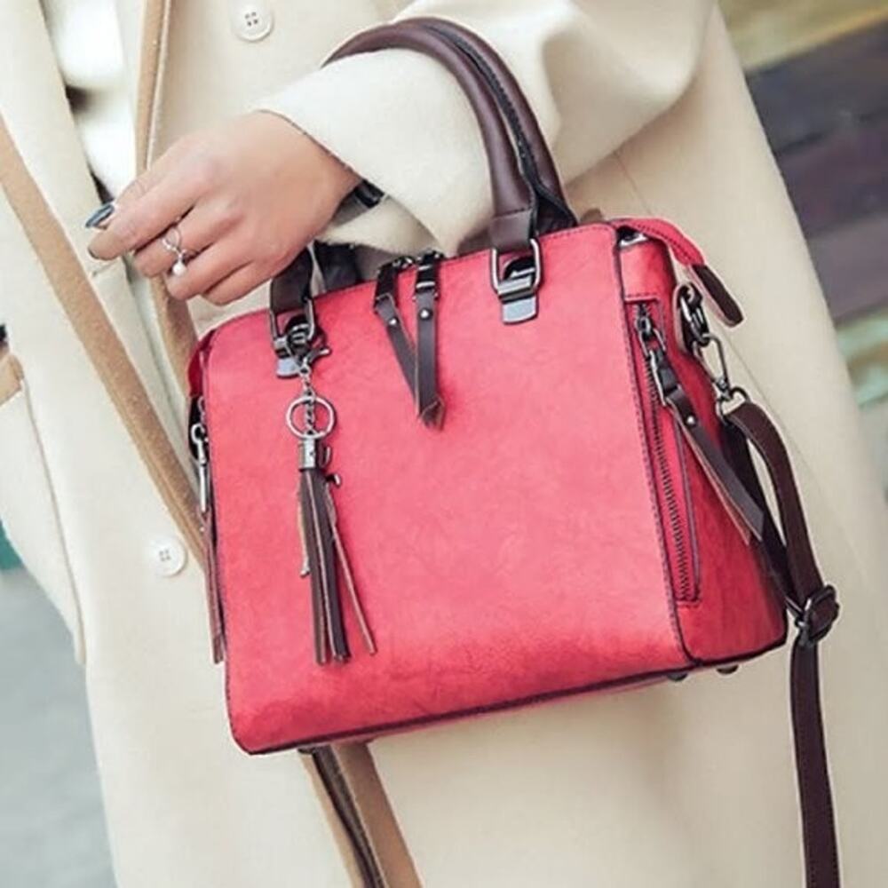 Red Wine plaid fur ball pendant large capacity handbag - Picture 3 of 5